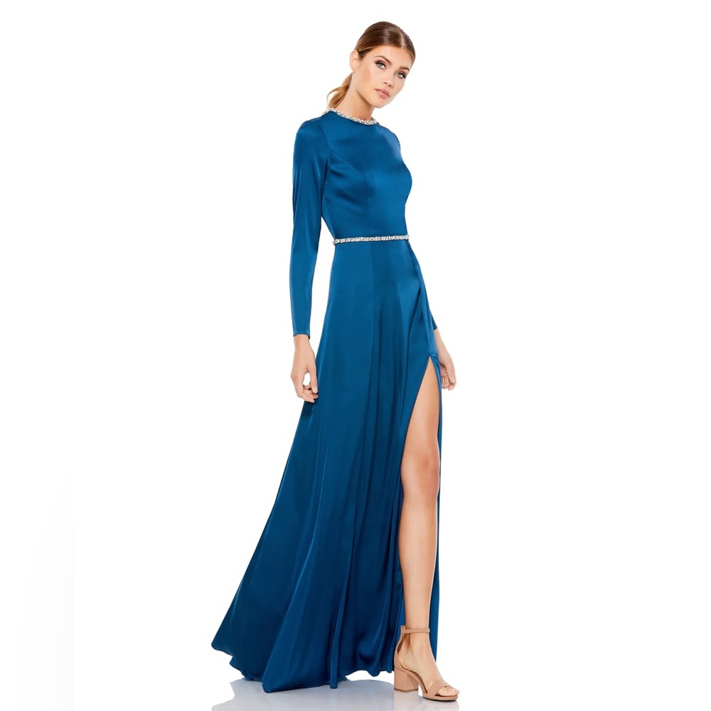 Ieena for Mac‎ Duggal  Sapphire Long Sleeve Jewel Trimmed Charmeuse Gown- NWT